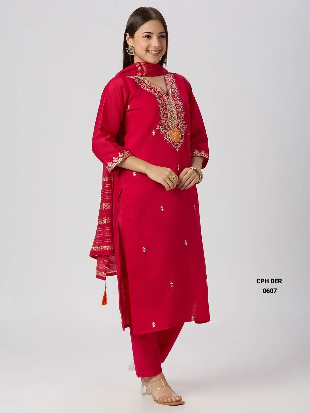 Crimson Red V-Neck Designers Kurti Pent Dupatta Salwar Suit